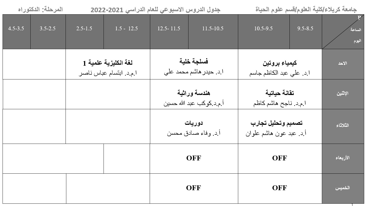 You are currently viewing الجدول الاسبوعي للدراسات العليا-قسم علوم الحياة(الدكتوراه)